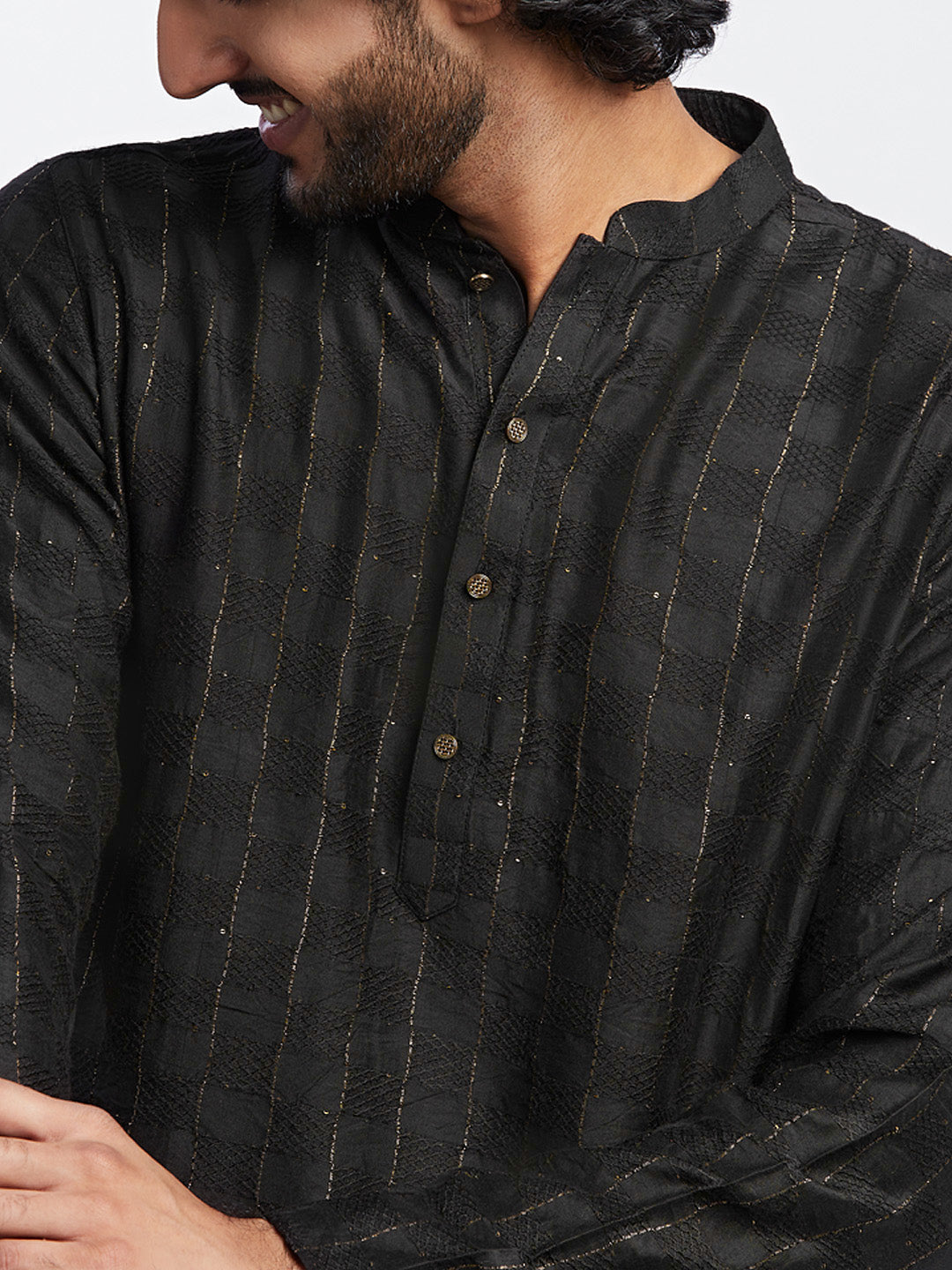 Black Cotton Silk Metallic Striped Long Kurta | SHOBITAM