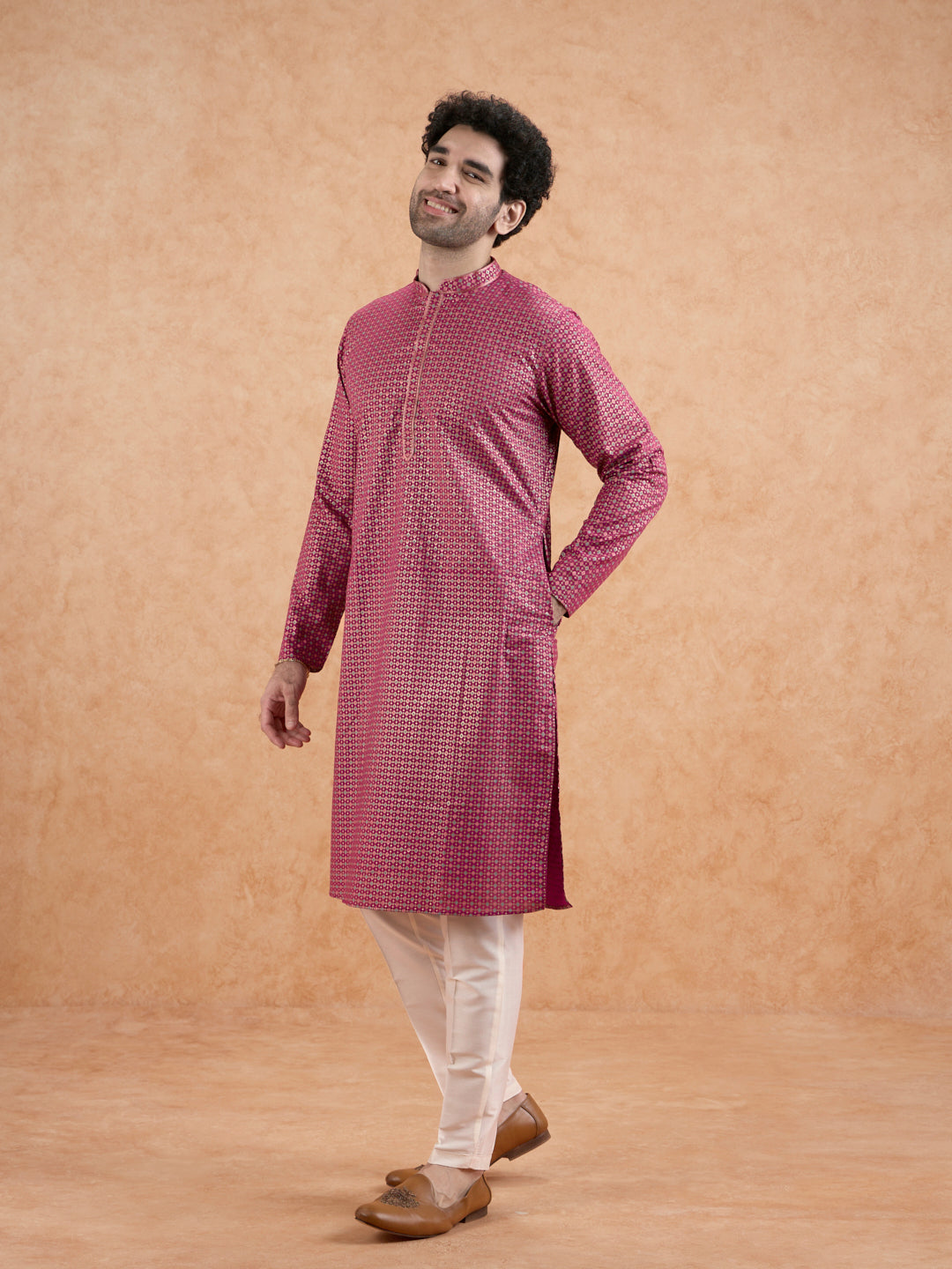 Magenta Silk Metallic Printed Long Kurta | SHOBITAM