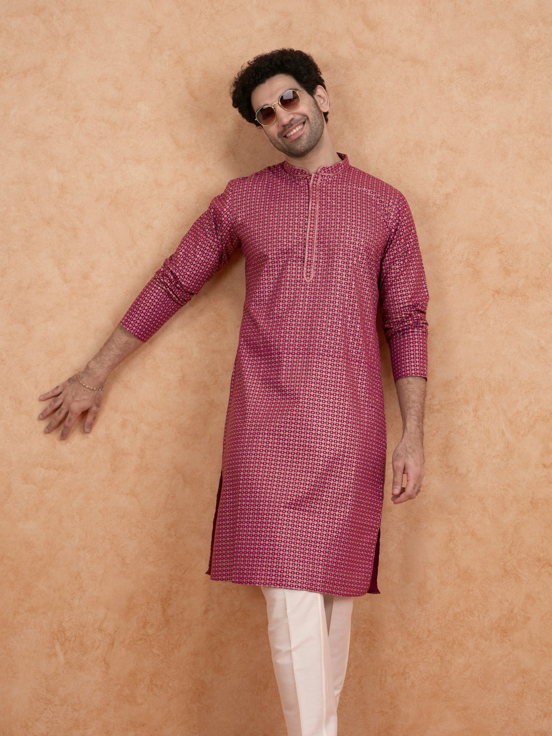 Magenta Silk Metallic Printed Long Kurta | SHOBITAM