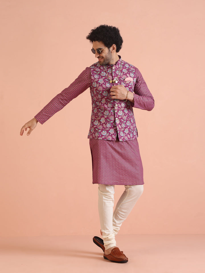 Pink Silk Blend Floral Jacquard Nehru Jacket | SHOBITAM