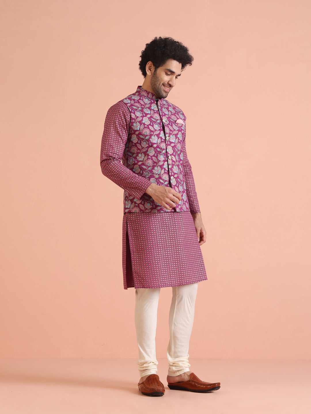 Pink Silk Blend Floral Jacquard Nehru Jacket | SHOBITAM
