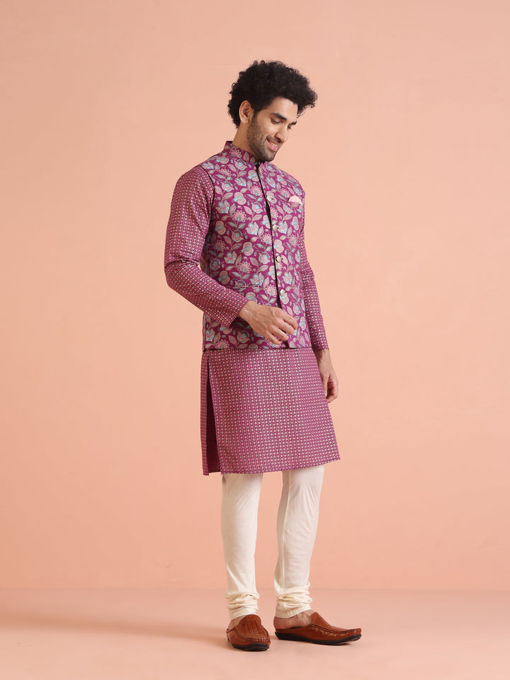 Pink Silk Blend Floral Jacquard Nehru Jacket | SHOBITAM