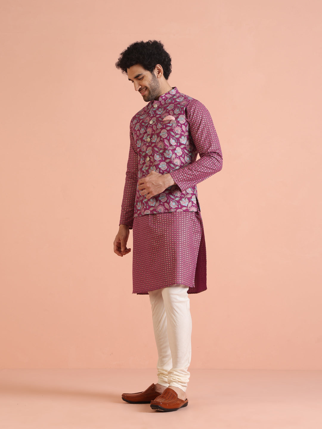 Pink Silk Blend Floral Jacquard Nehru Jacket | SHOBITAM