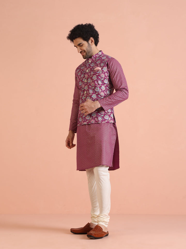 Pink Silk Blend Floral Jacquard Nehru Jacket | SHOBITAM