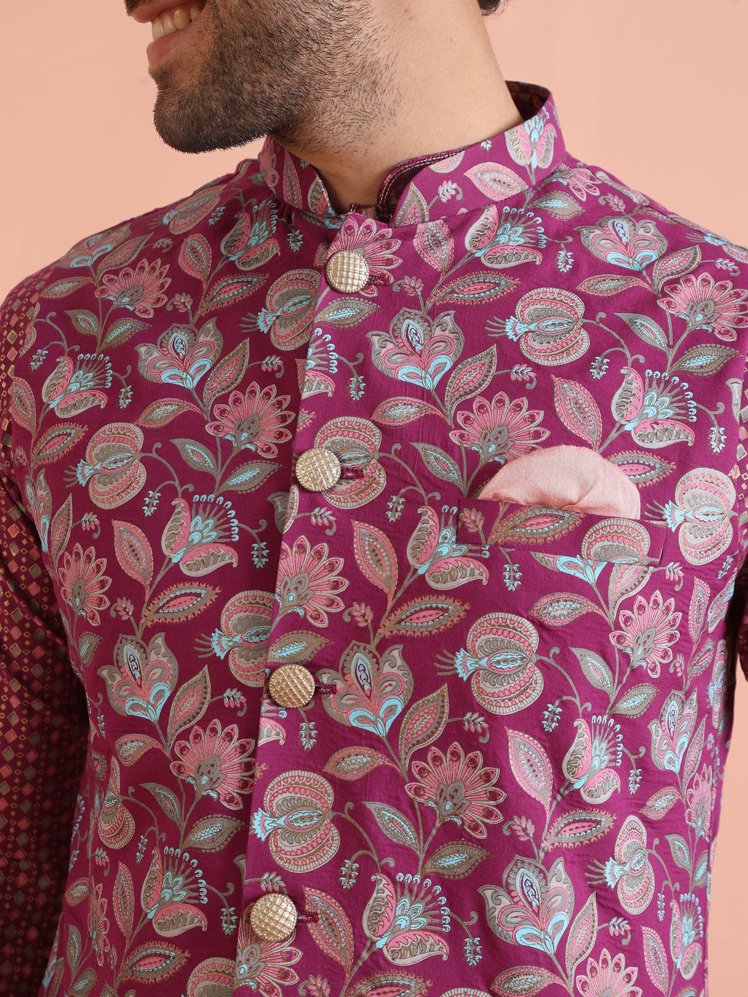 Pink Silk Blend Floral Jacquard Nehru Jacket | SHOBITAM