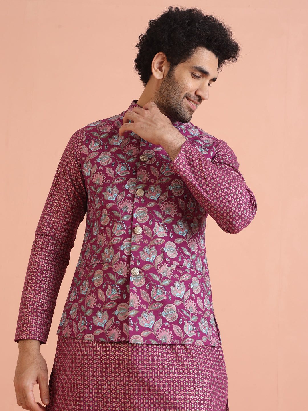 Pink Silk Blend Floral Jacquard Nehru Jacket | SHOBITAM