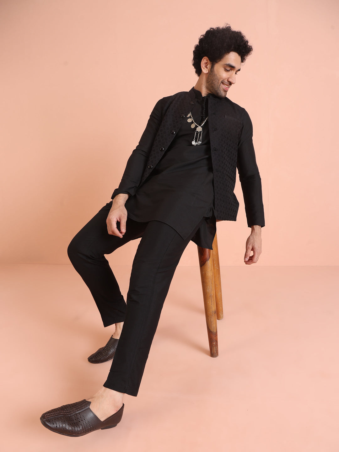 Black Silk Blend Textured Nehru Jacket | SHOBITAM