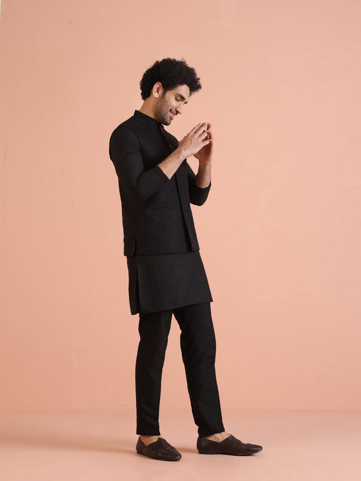 Black Silk Blend Textured Nehru Jacket | SHOBITAM