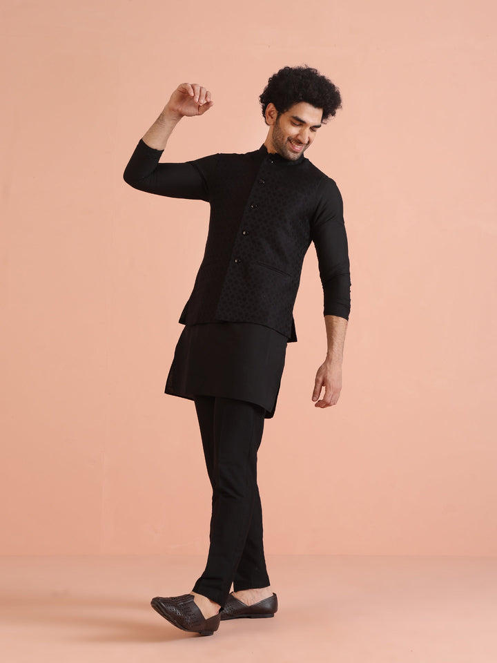 Black Silk Blend Textured Nehru Jacket | SHOBITAM