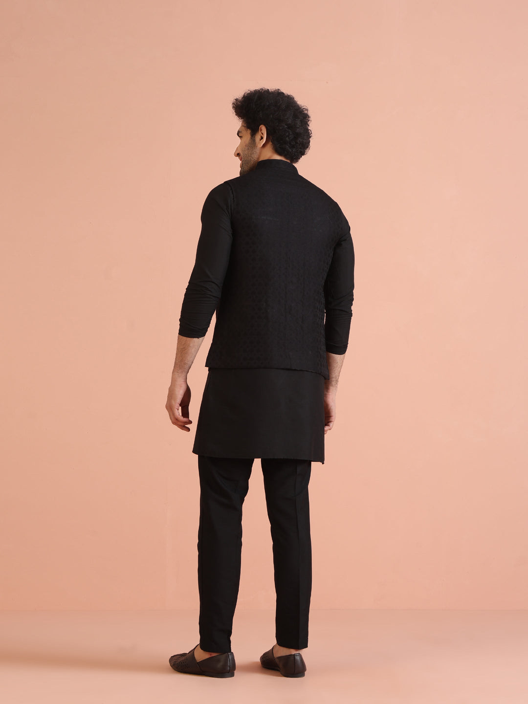 Black Silk Blend Textured Nehru Jacket | SHOBITAM