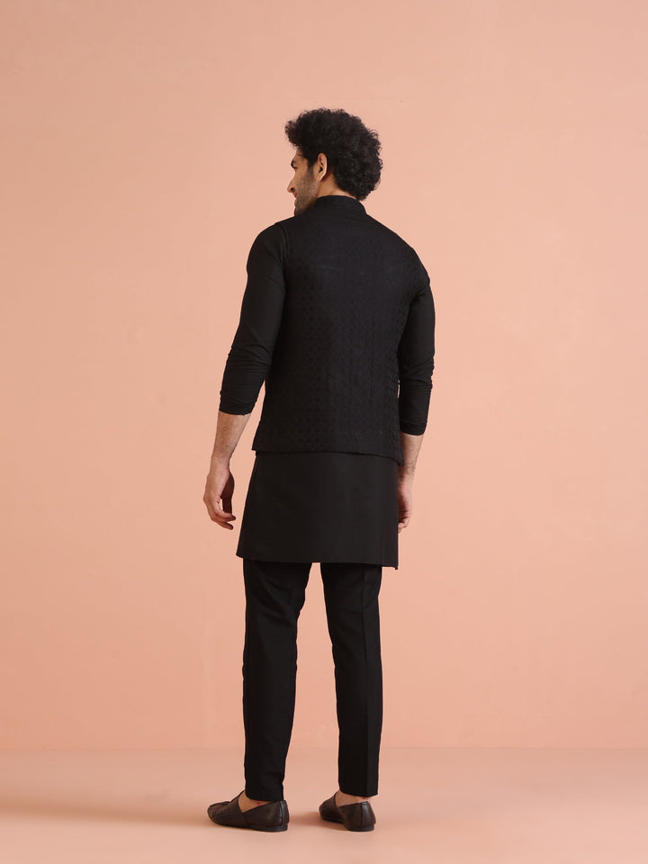 Black Silk Blend Textured Nehru Jacket | SHOBITAM