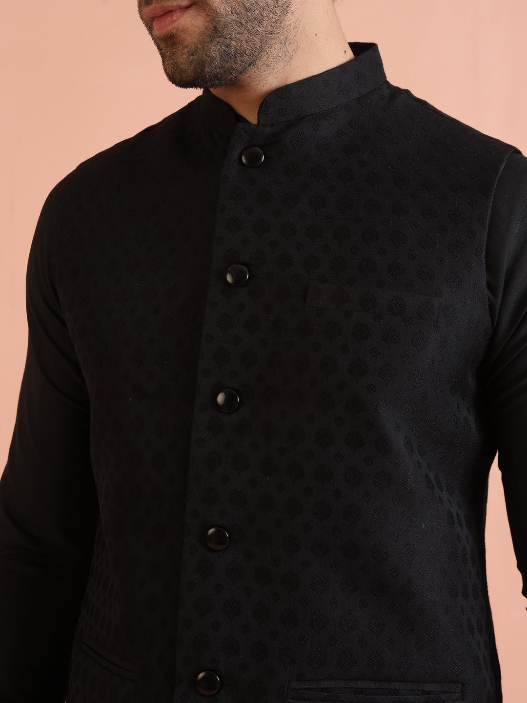 Black Silk Blend Textured Nehru Jacket | SHOBITAM