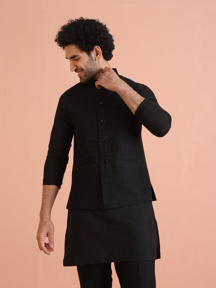 Black Silk Blend Textured Nehru Jacket | SHOBITAM