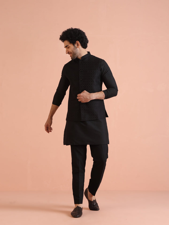 Black Silk Blend Textured Nehru Jacket | SHOBITAM