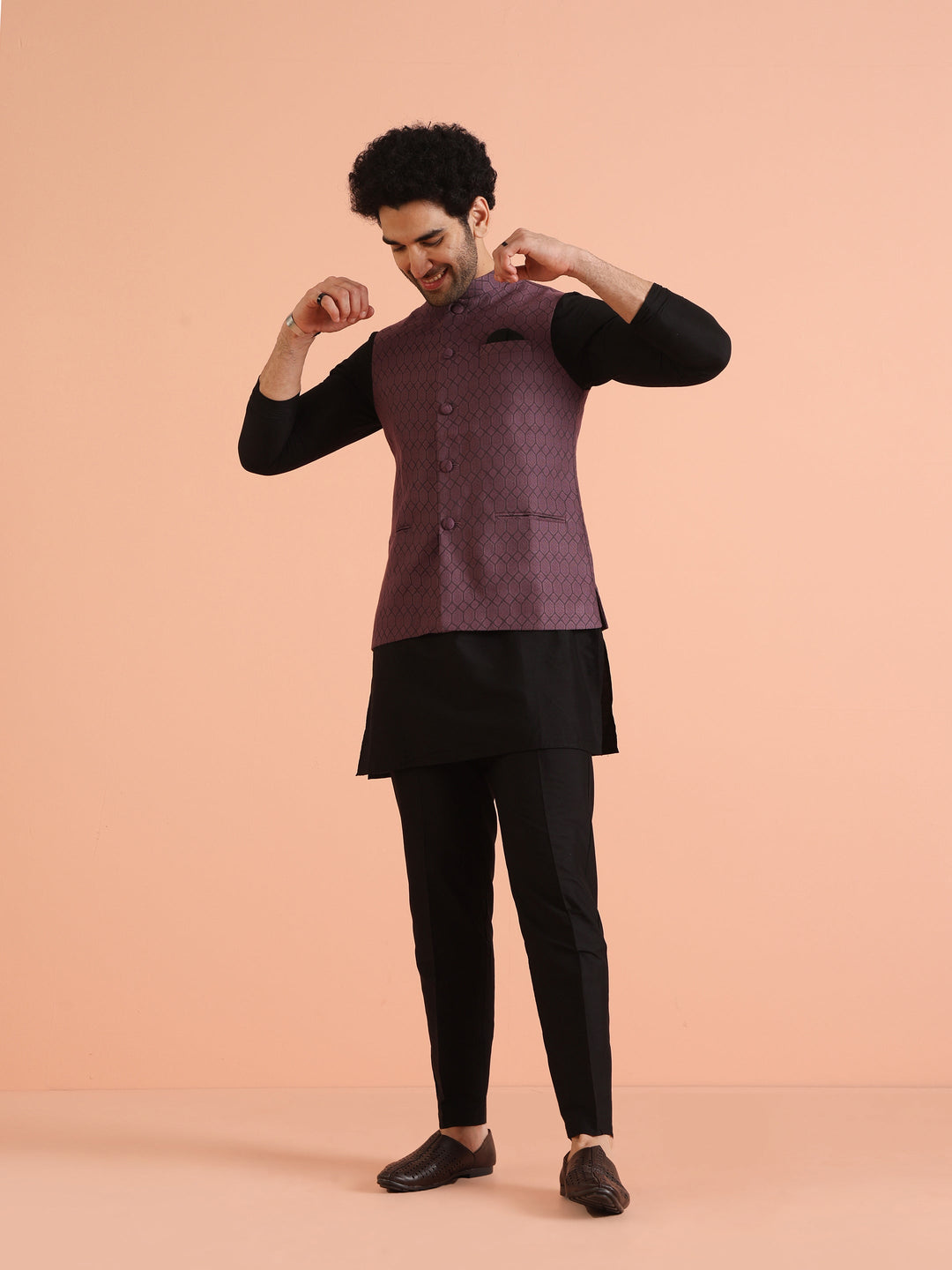 Purple Silk Blend Geometric Nehru Jacket | SHOBITAM