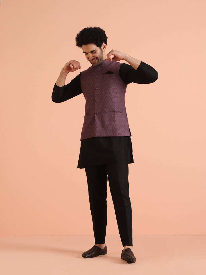 Purple Silk Blend Geometric Nehru Jacket | SHOBITAM