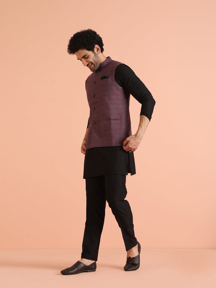 Purple Silk Blend Geometric Nehru Jacket | SHOBITAM