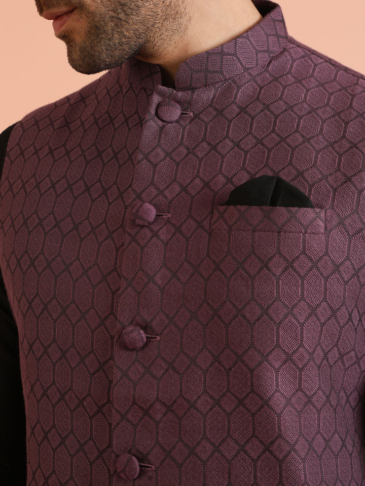 Purple Silk Blend Geometric Nehru Jacket | SHOBITAM