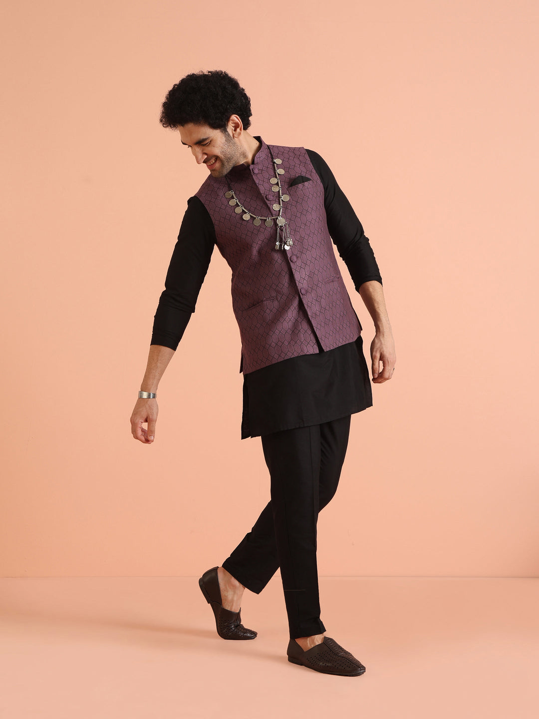 Purple Silk Blend Geometric Nehru Jacket | SHOBITAM