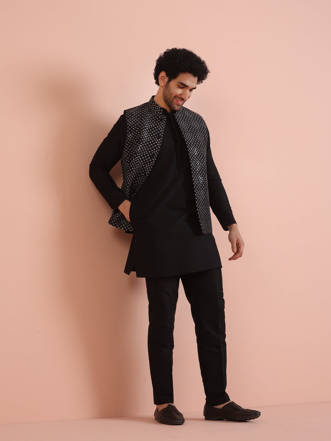 Men Black Embroidered Nehru Jacket with Thread Work | SHOBITAM