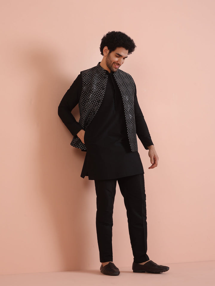 Men Black Embroidered Nehru Jacket with Thread Work | SHOBITAM