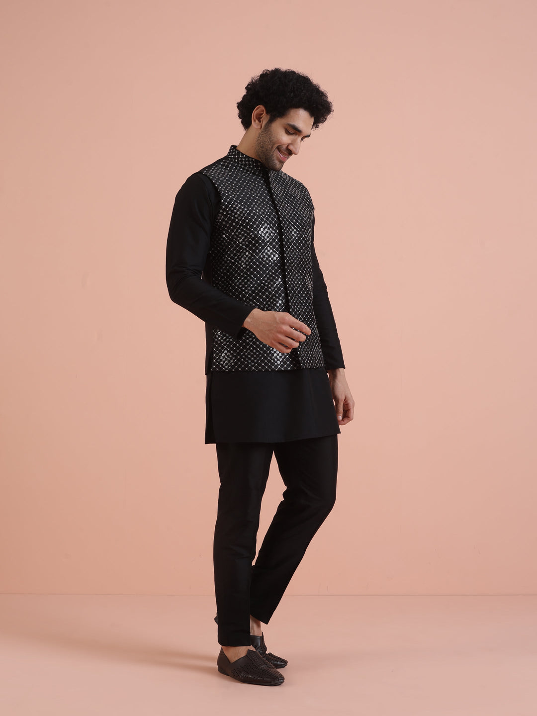 Men Black Embroidered Nehru Jacket with Thread Work | SHOBITAM