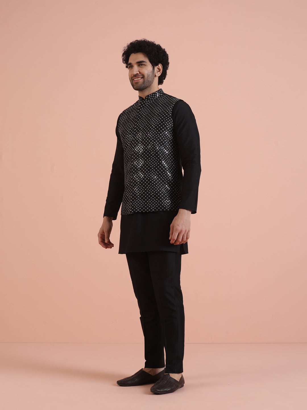 Men Black Embroidered Nehru Jacket with Thread Work | SHOBITAM