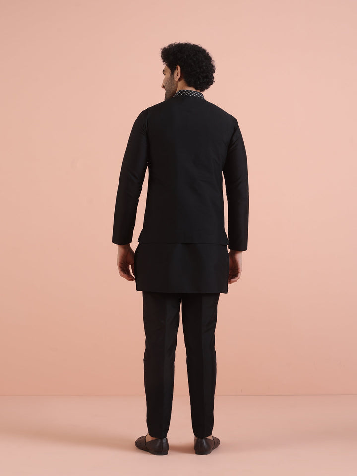 Men Black Embroidered Nehru Jacket with Thread Work | SHOBITAM