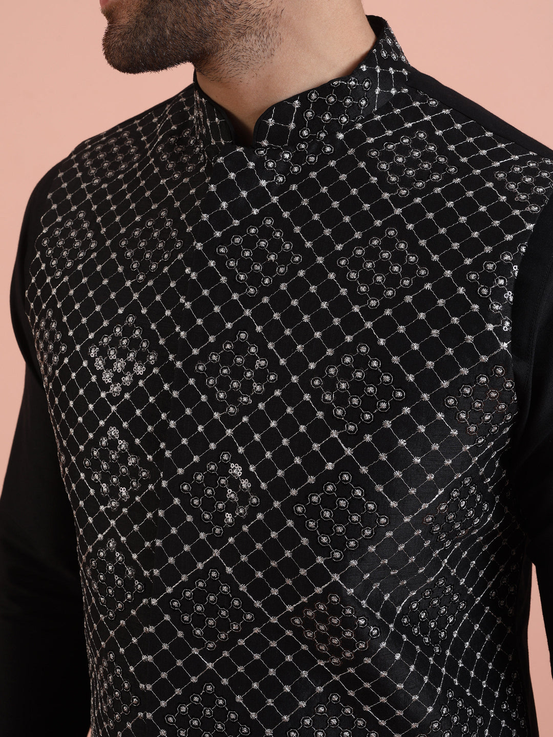 Men Black Embroidered Nehru Jacket with Thread Work | SHOBITAM