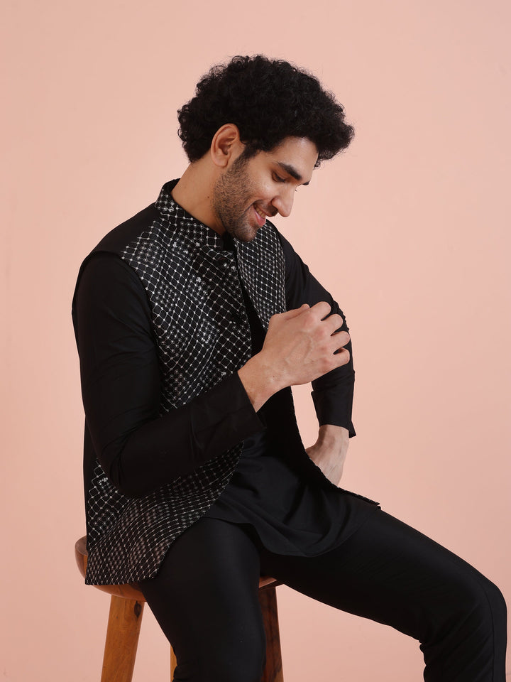 Men Black Embroidered Nehru Jacket with Thread Work | SHOBITAM