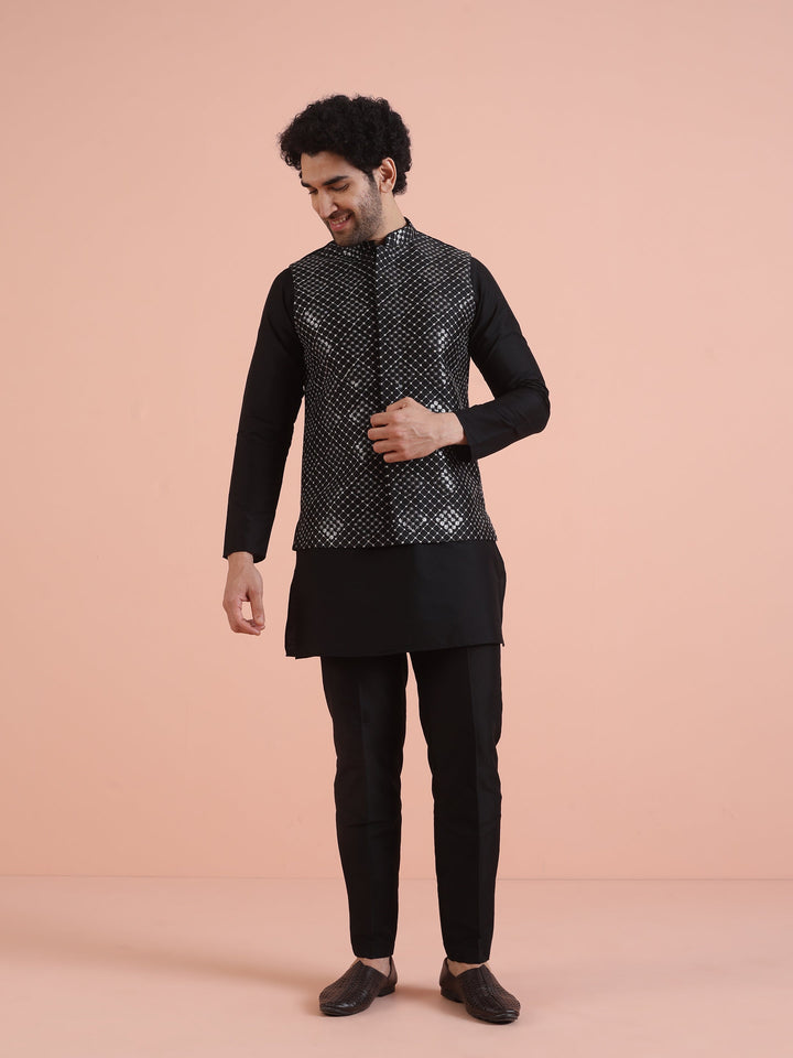 Men Black Embroidered Nehru Jacket with Thread Work | SHOBITAM