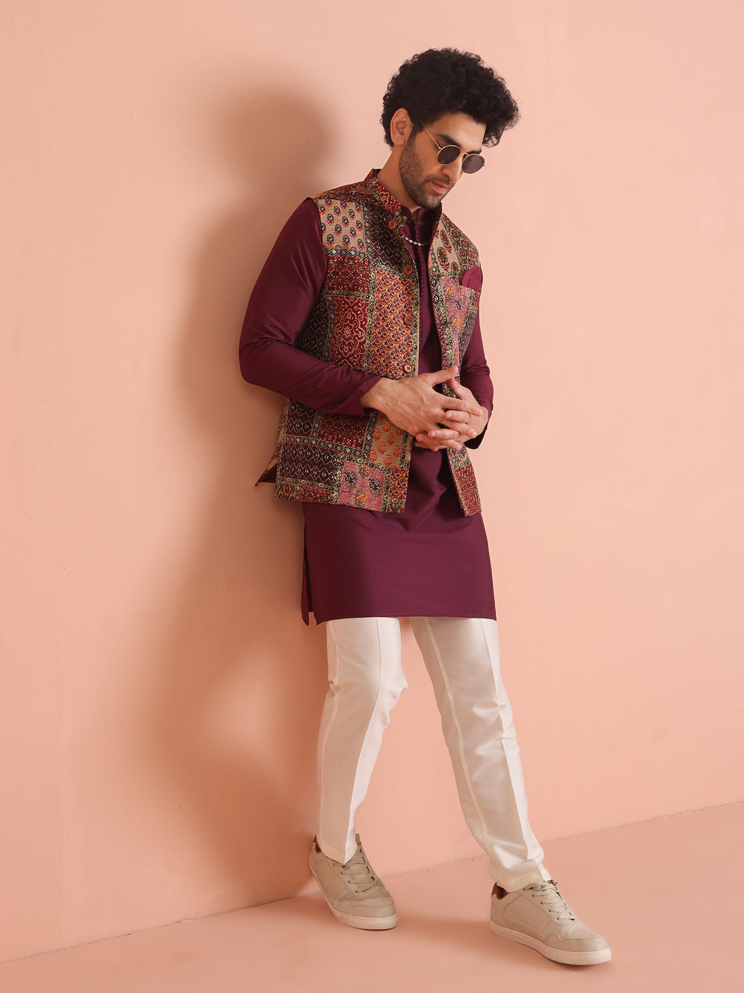 Maroon Multicolor Patchwork Printed Silk Blend Nehru Jacket | shobitam