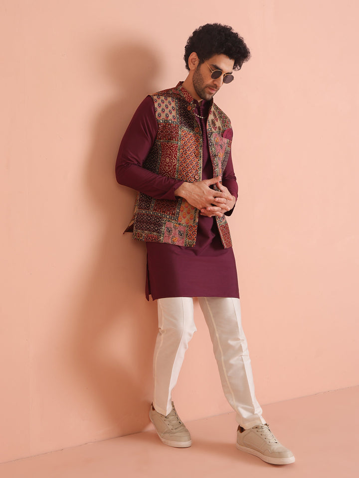 Maroon Multicolor Patchwork Printed Silk Blend Nehru Jacket | shobitam
