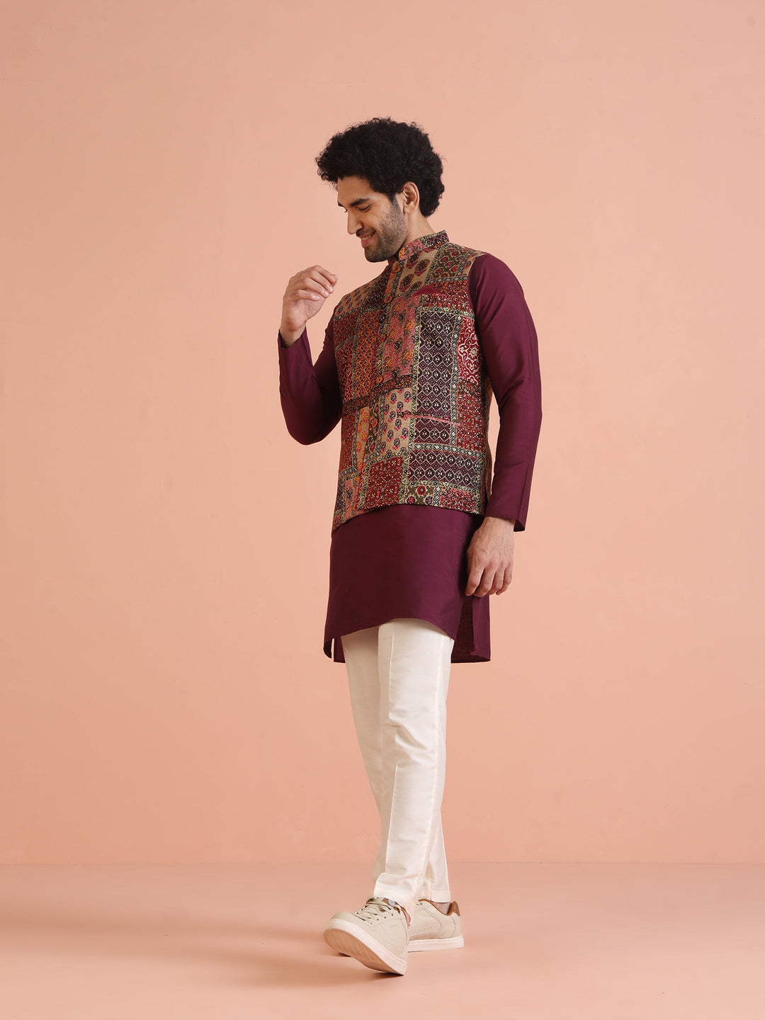 Maroon Multicolor Patchwork Printed Silk Blend Nehru Jacket | shobitam