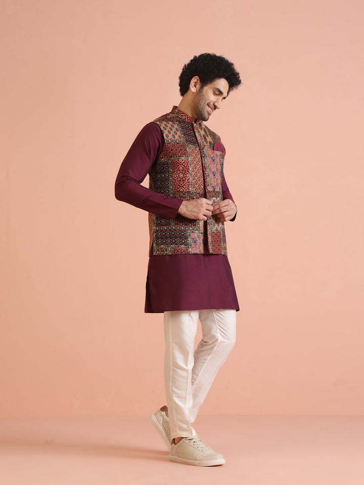 Maroon Multicolor Patchwork Printed Silk Blend Nehru Jacket | shobitam