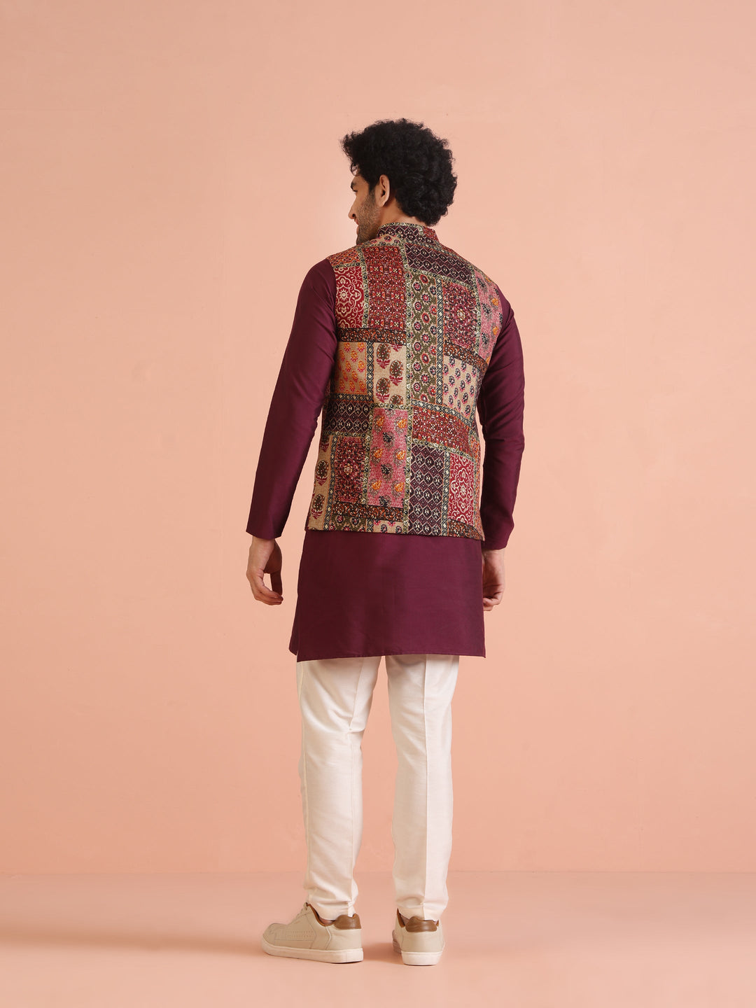 Maroon Multicolor Patchwork Printed Silk Blend Nehru Jacket | shobitam