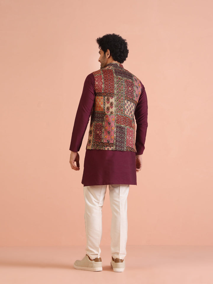 Maroon Multicolor Patchwork Printed Silk Blend Nehru Jacket | shobitam