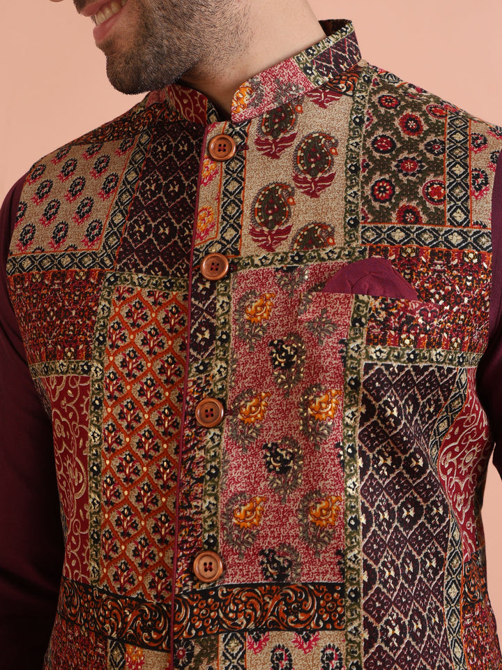Maroon Multicolor Patchwork Printed Silk Blend Nehru Jacket | shobitam
