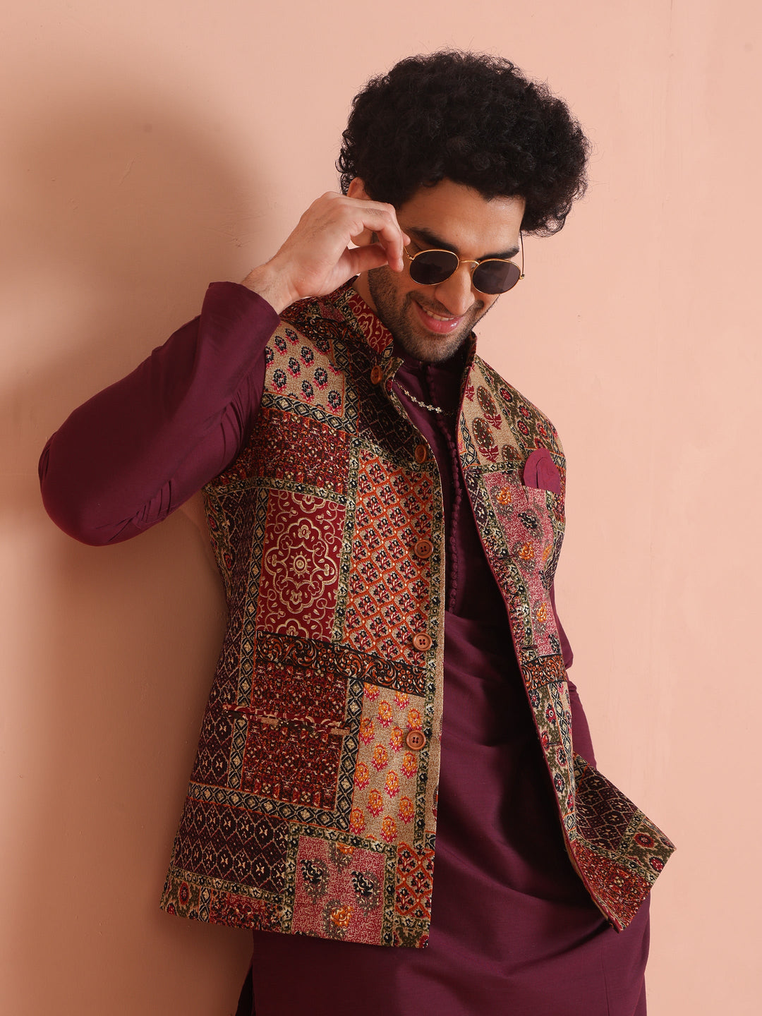 Maroon Multicolor Patchwork Printed Silk Blend Nehru Jacket | shobitam