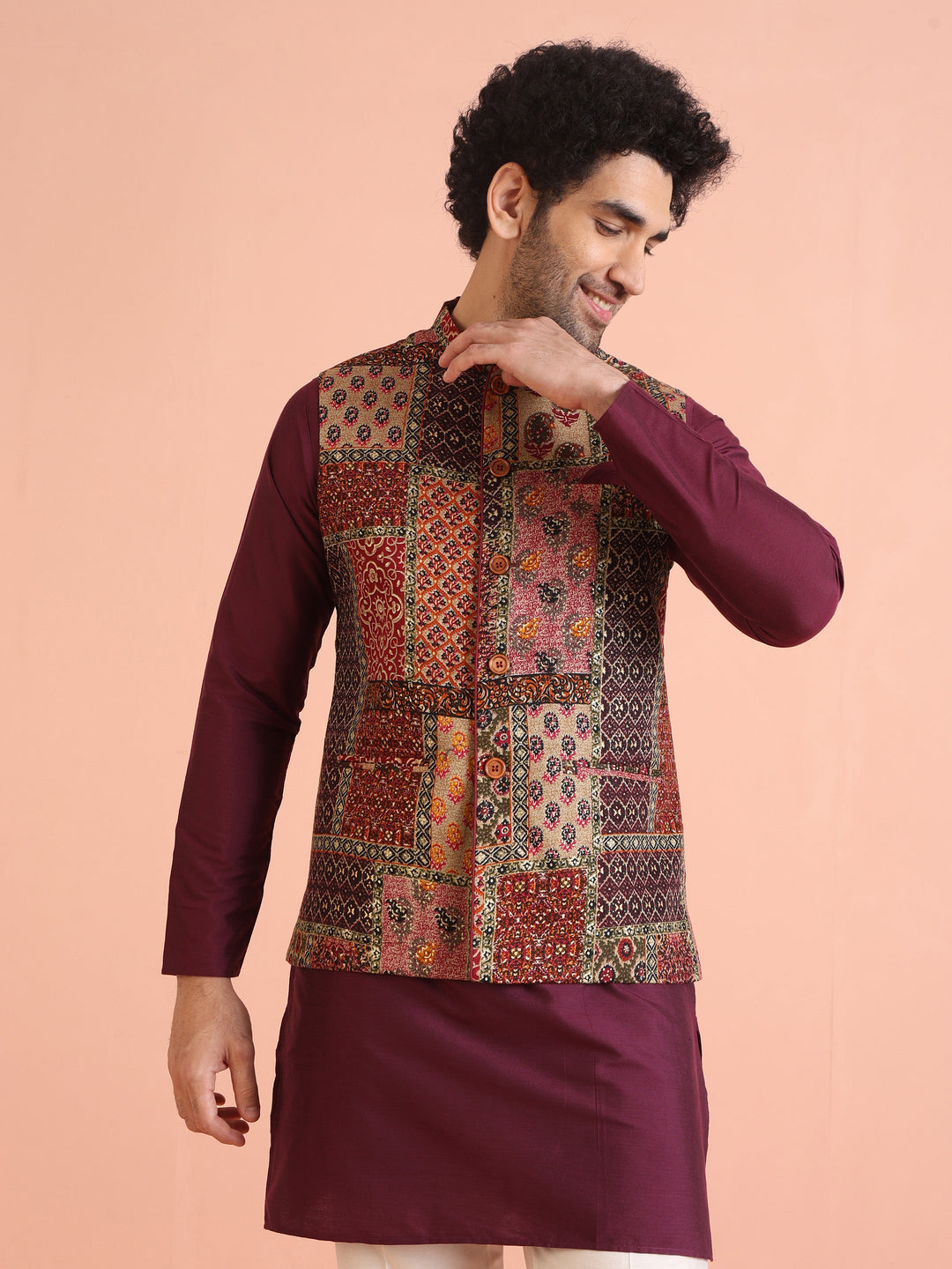 Maroon Multicolor Patchwork Printed Silk Blend Nehru Jacket | shobitam