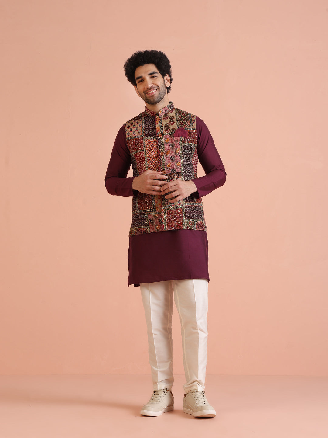 Maroon Multicolor Patchwork Printed Silk Blend Nehru Jacket | shobitam