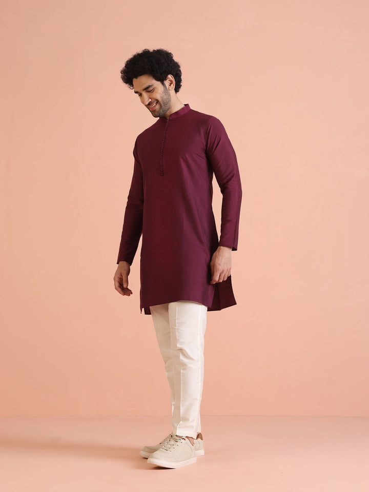 Maroon Solid Silk Blend Kurta for Men – Elegant Festive Ethnic Wear | SHOBITAM