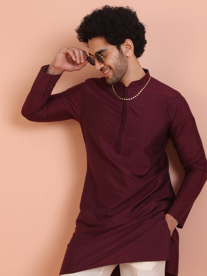 Maroon Solid Kurta Set with Cream Trouser Elegant Festive Ethnic Wear | SHOBITAM
