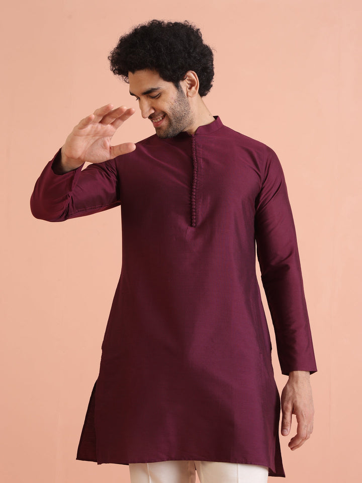 Maroon Solid Silk Blend Kurta for Men – Elegant Festive Ethnic Wear | SHOBITAM