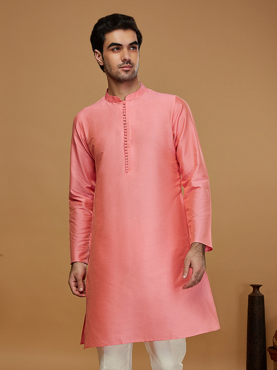 Pink  Cotton Blend Solid Kurta | SHOBITAM