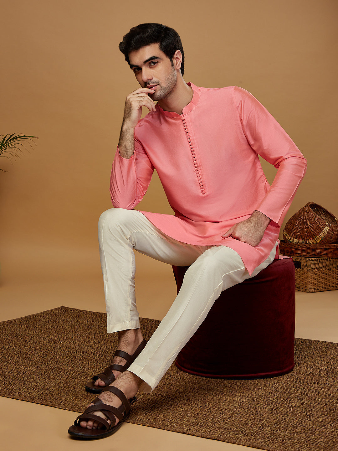 Pink  Cotton Blend Solid Kurta | SHOBITAM