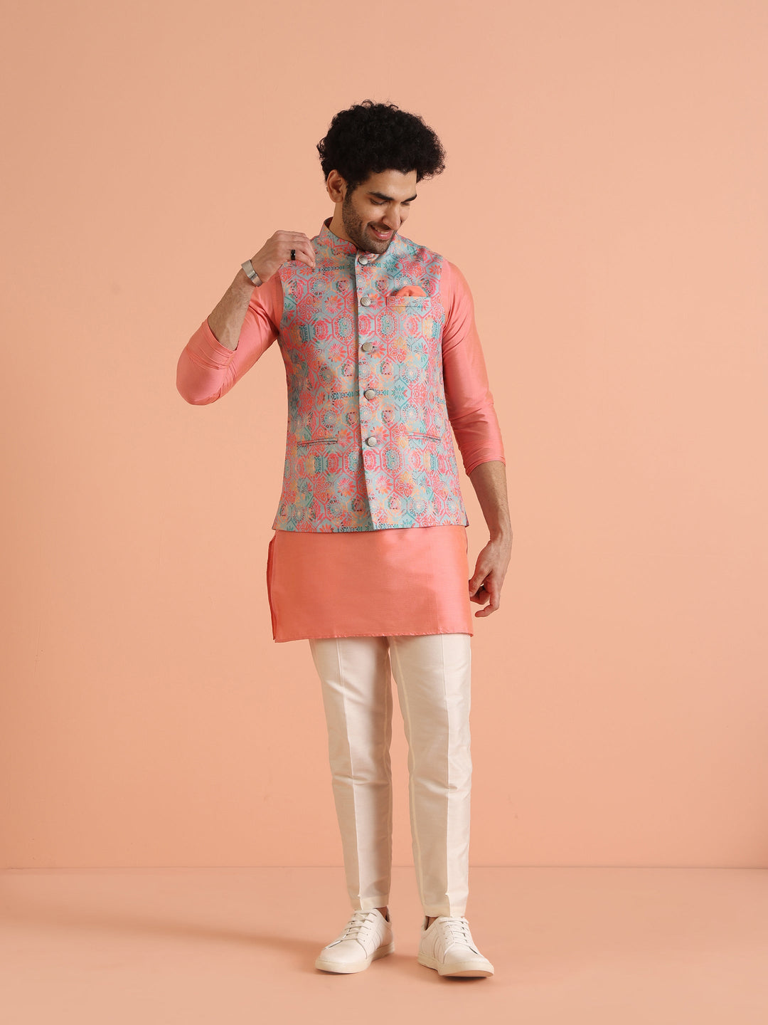 Multicolor Printed Silk Blend Nehru Jacket | SHOBITAM