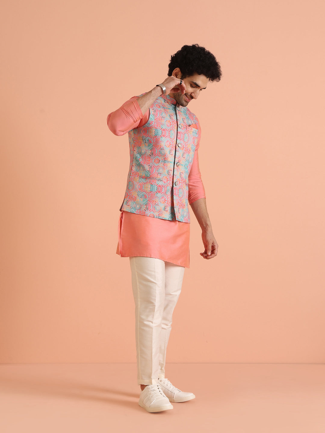 Multicolor Printed Silk Blend Nehru Jacket | SHOBITAM