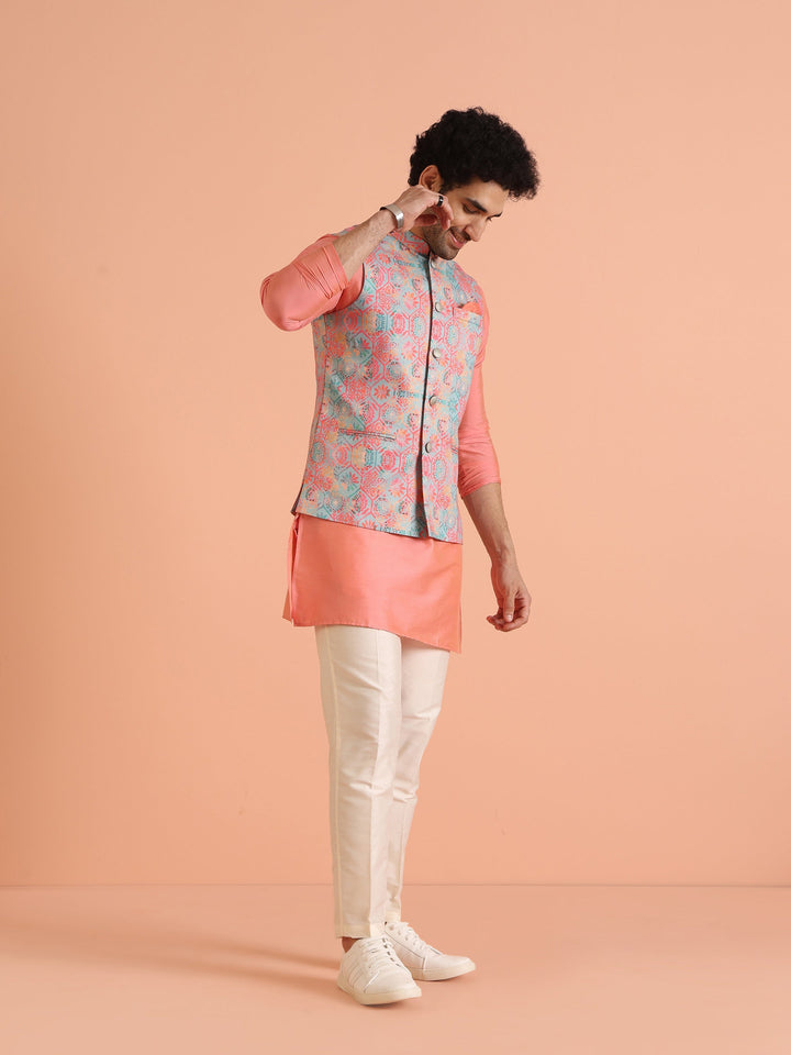 Multicolor Printed Silk Blend Nehru Jacket | SHOBITAM
