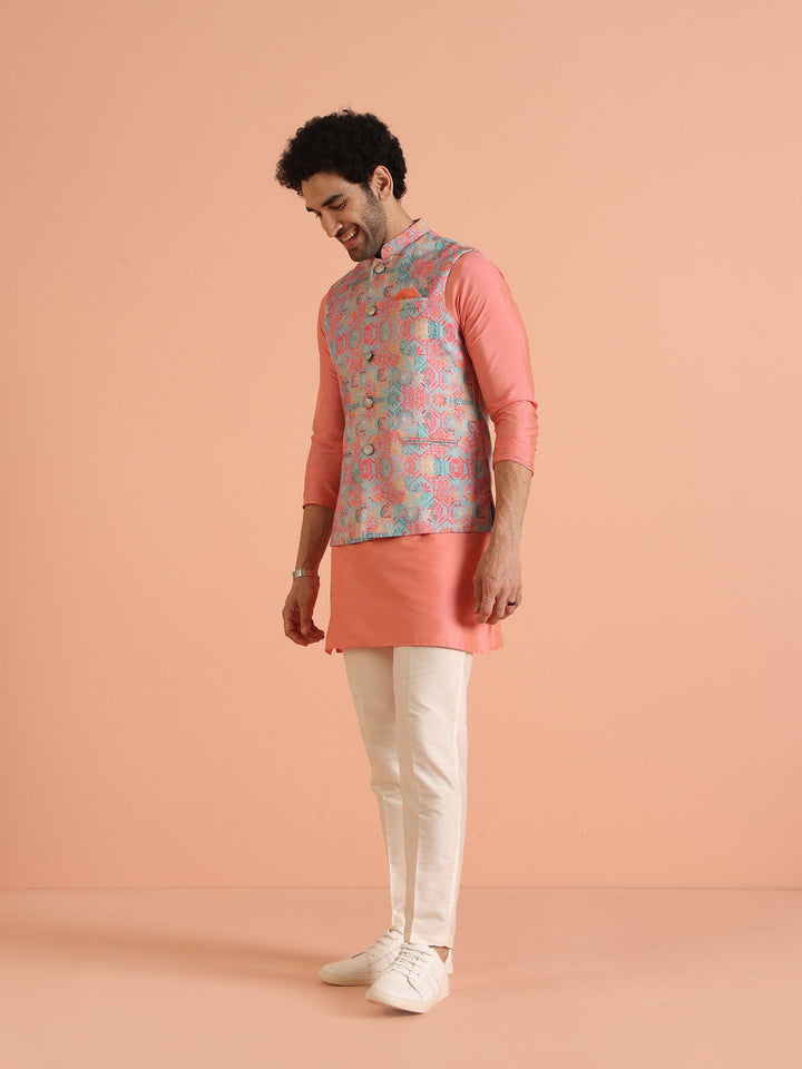 Multicolor Printed Silk Blend Nehru Jacket | SHOBITAM